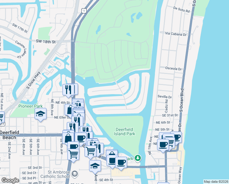 map of restaurants, bars, coffee shops, grocery stores, and more near 272 West Key Palm Road in Boca Raton