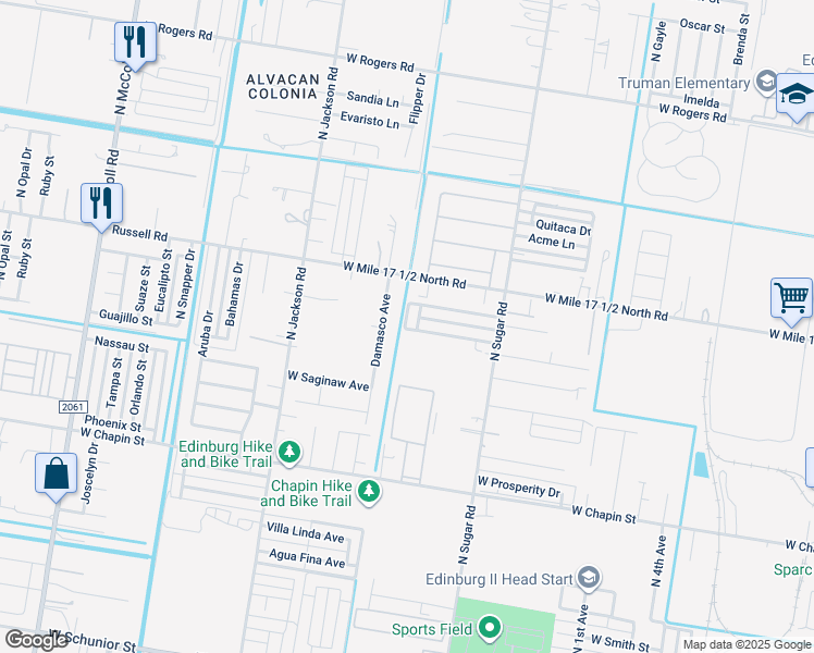 map of restaurants, bars, coffee shops, grocery stores, and more near 1822 West Portales Drive in Edinburg