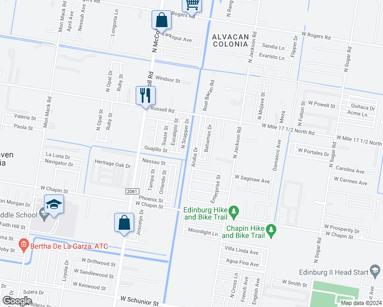 map of restaurants, bars, coffee shops, grocery stores, and more near 1811 Aruba Drive in Edinburg