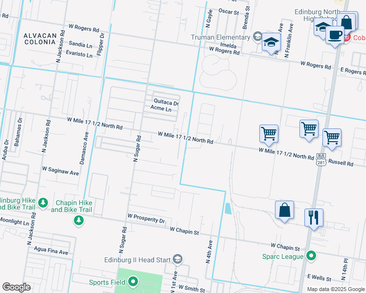 map of restaurants, bars, coffee shops, grocery stores, and more near 2104 Garden Ridge Drive in Edinburg