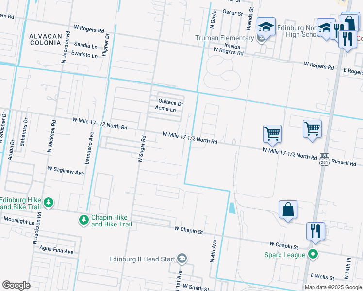 map of restaurants, bars, coffee shops, grocery stores, and more near 1304 West Russel Road in Edinburg