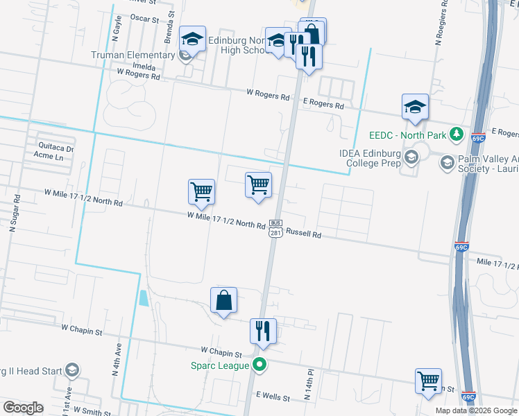map of restaurants, bars, coffee shops, grocery stores, and more near 215 West Mile 17 1/2 North Road in Edinburg