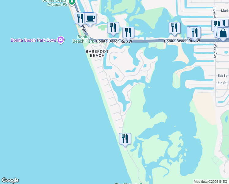 map of restaurants, bars, coffee shops, grocery stores, and more near 220 Barefoot Beach Boulevard in Bonita Springs