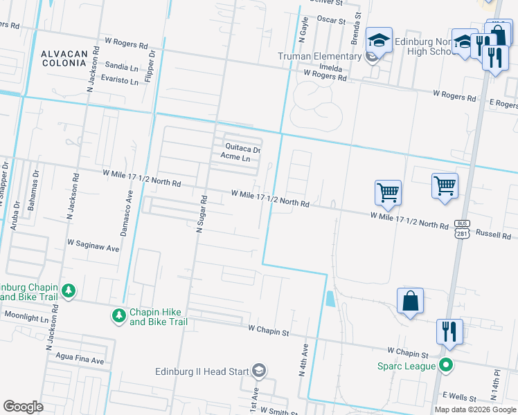 map of restaurants, bars, coffee shops, grocery stores, and more near 1304 West Russel Road in Edinburg