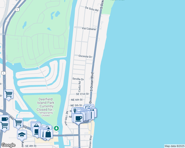 map of restaurants, bars, coffee shops, grocery stores, and more near 2851 South Ocean Boulevard in Boca Raton
