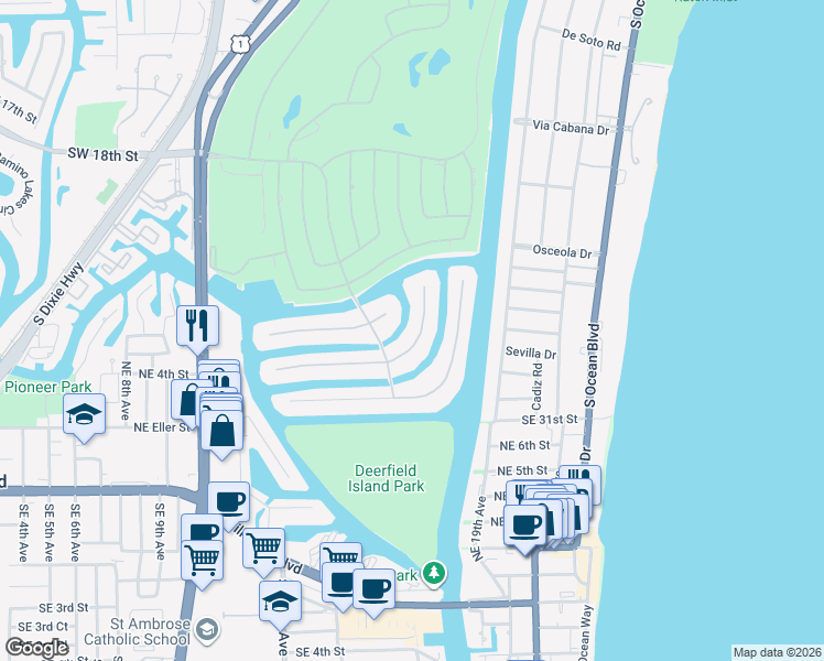 map of restaurants, bars, coffee shops, grocery stores, and more near 360 East Coconut Palm Road in Boca Raton