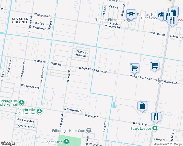 map of restaurants, bars, coffee shops, grocery stores, and more near 2104 Garden Ridge Drive in Edinburg