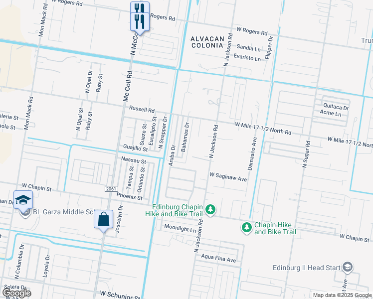 map of restaurants, bars, coffee shops, grocery stores, and more near 3 Bahamas Drive in Edinburg