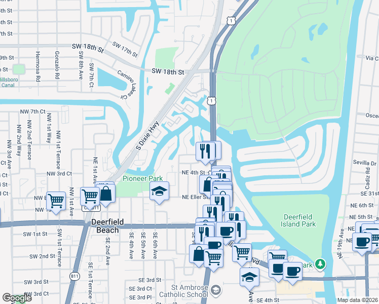 map of restaurants, bars, coffee shops, grocery stores, and more near 865 Northeast 5th Street in Deerfield Beach