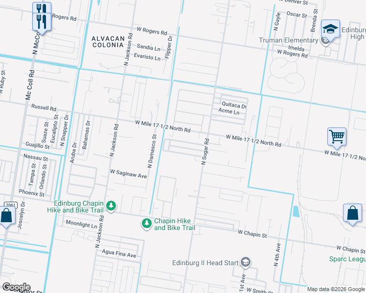 map of restaurants, bars, coffee shops, grocery stores, and more near 1712 West Portales Drive in Edinburg