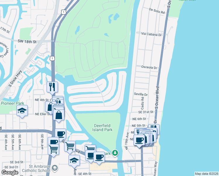 map of restaurants, bars, coffee shops, grocery stores, and more near 360 East Coconut Palm Road in Boca Raton