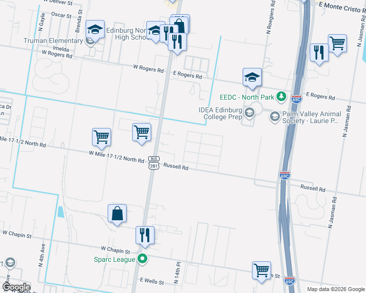 map of restaurants, bars, coffee shops, grocery stores, and more near 1420 South Closner Boulevard in Edinburg