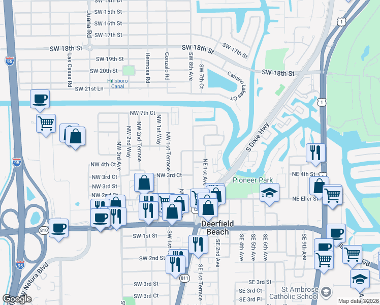 map of restaurants, bars, coffee shops, grocery stores, and more near 446 North Deerfield Avenue in Deerfield Beach