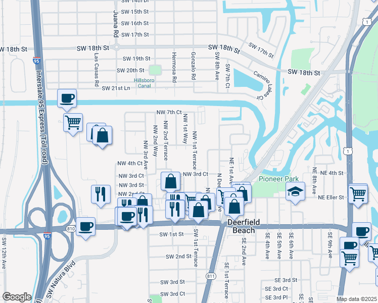 map of restaurants, bars, coffee shops, grocery stores, and more near 427 Northwest 1st Terrace in Deerfield Beach
