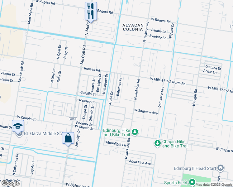 map of restaurants, bars, coffee shops, grocery stores, and more near 3 Bahamas Drive in Edinburg