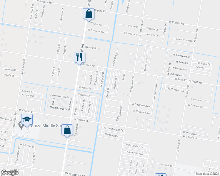 map of restaurants, bars, coffee shops, grocery stores, and more near 3 Bahamas Drive in Edinburg