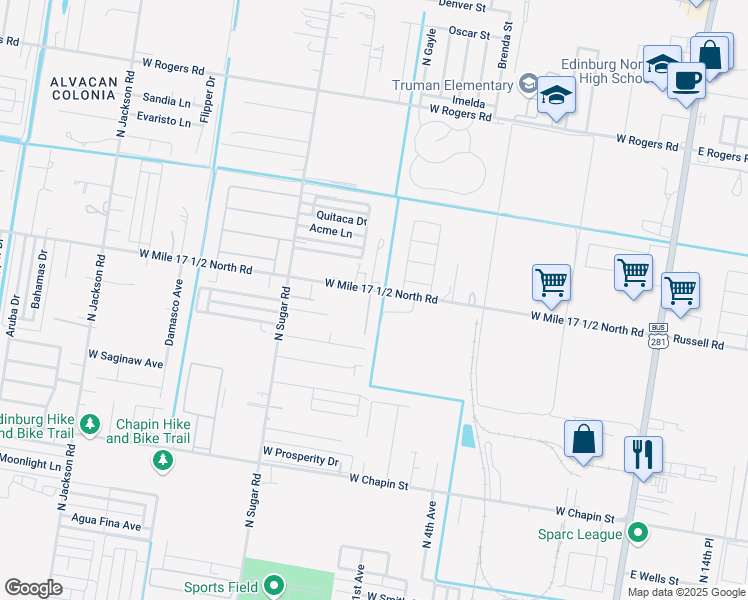 map of restaurants, bars, coffee shops, grocery stores, and more near 2116 Garden Ridge Drive in Edinburg
