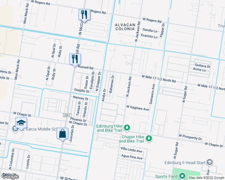 map of restaurants, bars, coffee shops, grocery stores, and more near 3 Bahamas Drive in Edinburg