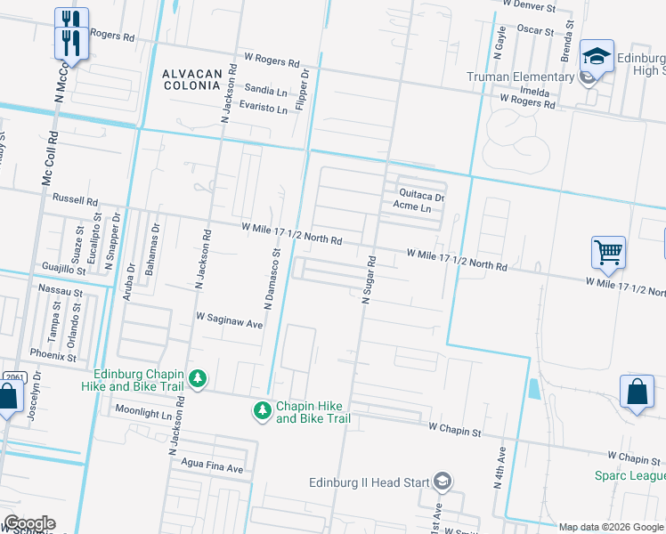 map of restaurants, bars, coffee shops, grocery stores, and more near 1717 Portales Drive in Edinburg