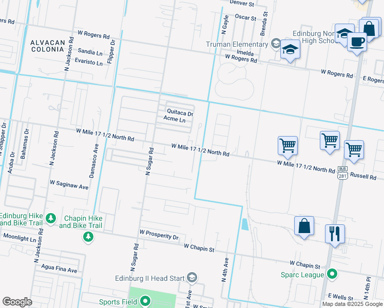 map of restaurants, bars, coffee shops, grocery stores, and more near 2115 Garden Ridge Drive in Edinburg