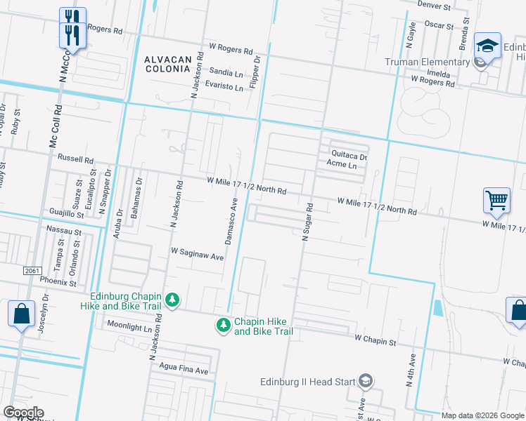 map of restaurants, bars, coffee shops, grocery stores, and more near 1918 West Mile 17 1/2 North Road in Edinburg