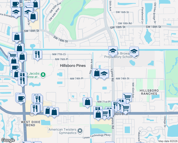 map of restaurants, bars, coffee shops, grocery stores, and more near 4901 Northwest 49th Lane in Parkland