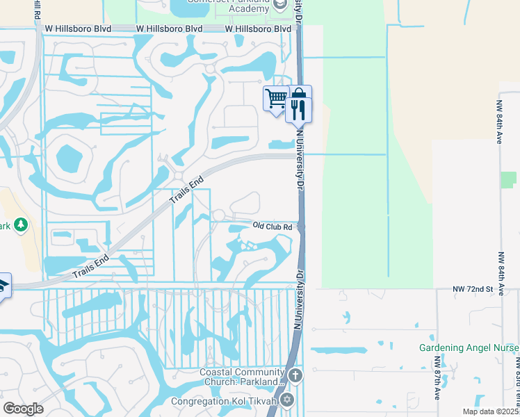 map of restaurants, bars, coffee shops, grocery stores, and more near 7625 North University Drive in Parkland