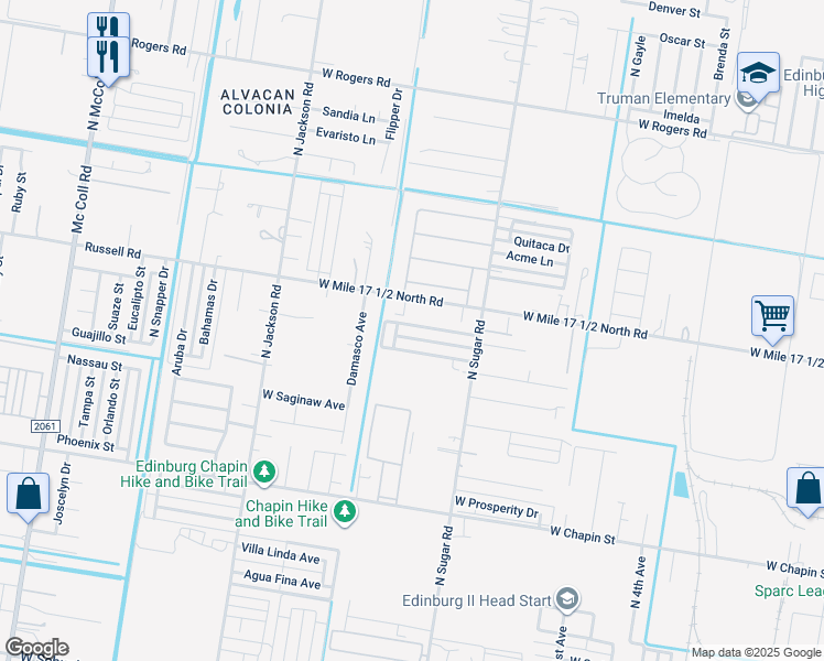 map of restaurants, bars, coffee shops, grocery stores, and more near 1918 West Mile 17 1/2 North Road in Edinburg