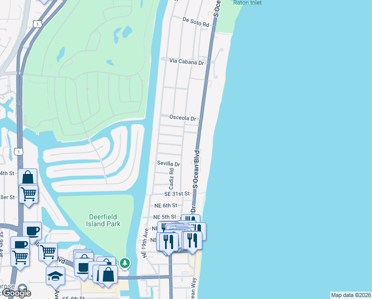 map of restaurants, bars, coffee shops, grocery stores, and more near 2677 South Ocean Boulevard in Boca Raton