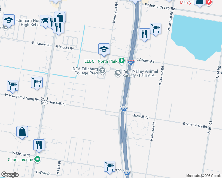 map of restaurants, bars, coffee shops, grocery stores, and more near 2451 North Expressway 281 in Edinburg