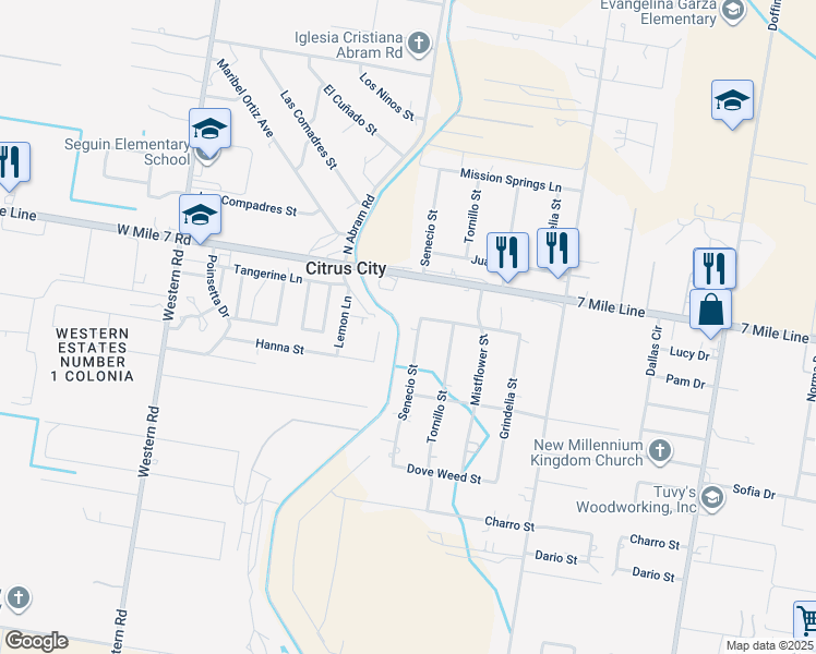 map of restaurants, bars, coffee shops, grocery stores, and more near 8201 Senecio Street in Mission