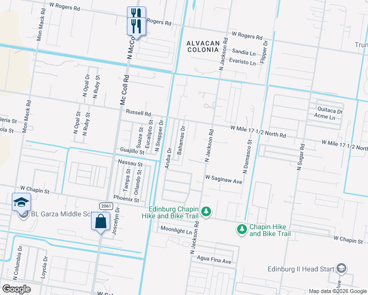 map of restaurants, bars, coffee shops, grocery stores, and more near 2009 Bahamas Drive in Edinburg