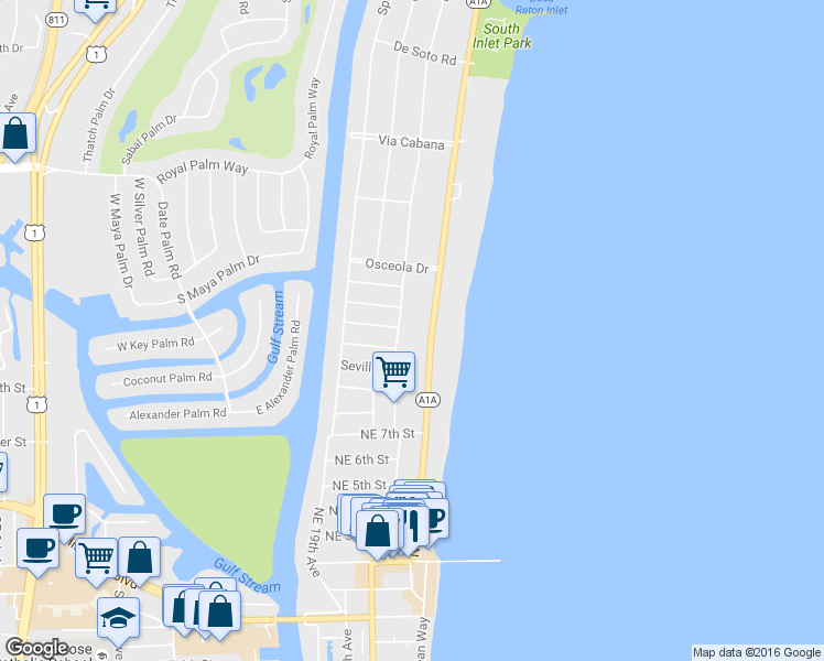 map of restaurants, bars, coffee shops, grocery stores, and more near 2677 South Ocean Boulevard in Boca Raton