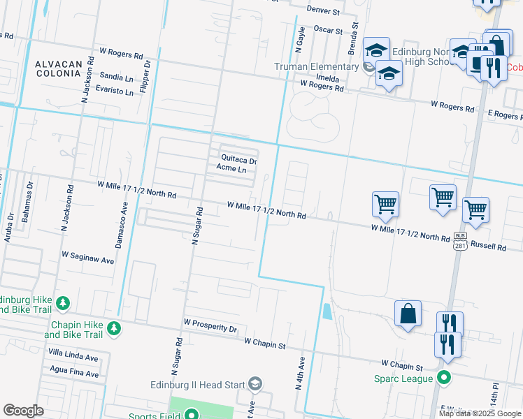 map of restaurants, bars, coffee shops, grocery stores, and more near 1127 West Mile 17 1/2 Road in Edinburg