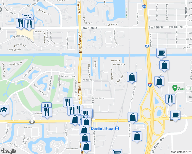 map of restaurants, bars, coffee shops, grocery stores, and more near 520 Lock Road in Deerfield Beach