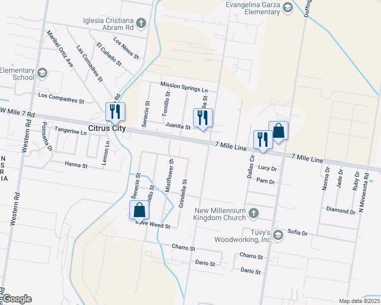 map of restaurants, bars, coffee shops, grocery stores, and more near 6313 West Mile 7 Road in Mission