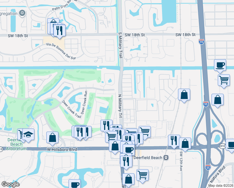 map of restaurants, bars, coffee shops, grocery stores, and more near 566 Wildwood Lane East in Deerfield Beach