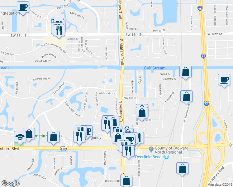 map of restaurants, bars, coffee shops, grocery stores, and more near 566 Wildwood Lane East in Deerfield Beach