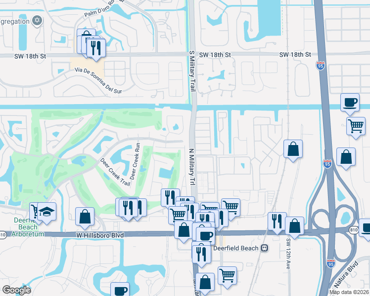 map of restaurants, bars, coffee shops, grocery stores, and more near 566 Wildwood Lane East in Deerfield Beach
