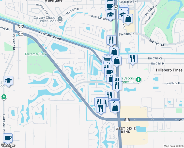 map of restaurants, bars, coffee shops, grocery stores, and more near 7586 Northwest 60th Lane in Parkland