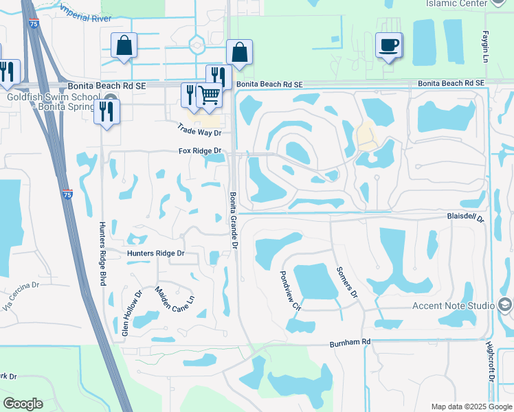 map of restaurants, bars, coffee shops, grocery stores, and more near 13045 Amberley Court in Bonita Springs