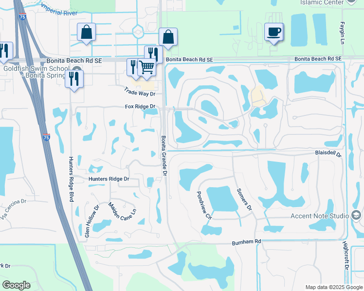 map of restaurants, bars, coffee shops, grocery stores, and more near 13050 Amberley Court in Bonita Springs