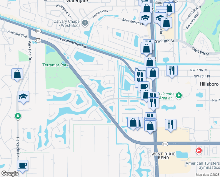 map of restaurants, bars, coffee shops, grocery stores, and more near 7525 Northwest 61st Terrace in Parkland