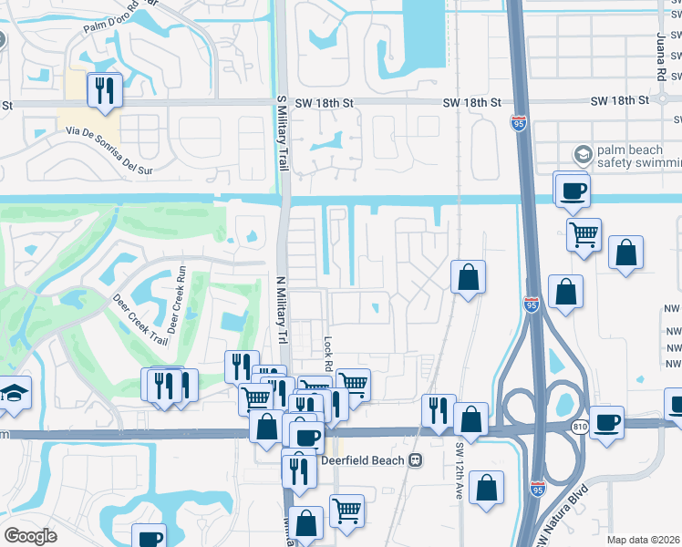 map of restaurants, bars, coffee shops, grocery stores, and more near 520 Lock Road in Deerfield Beach