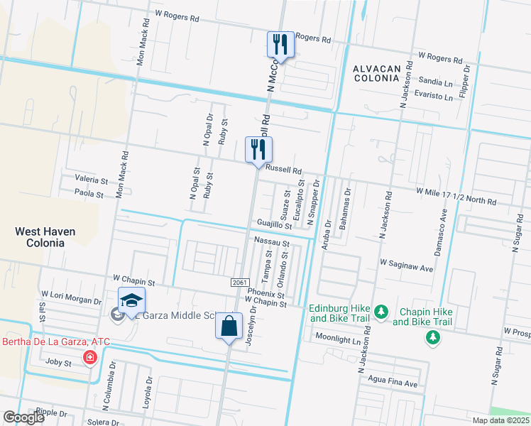 map of restaurants, bars, coffee shops, grocery stores, and more near 2806 La Mora Lane in Edinburg