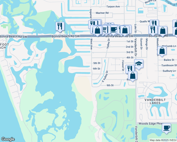 map of restaurants, bars, coffee shops, grocery stores, and more near 206 6th Street in Bonita Springs