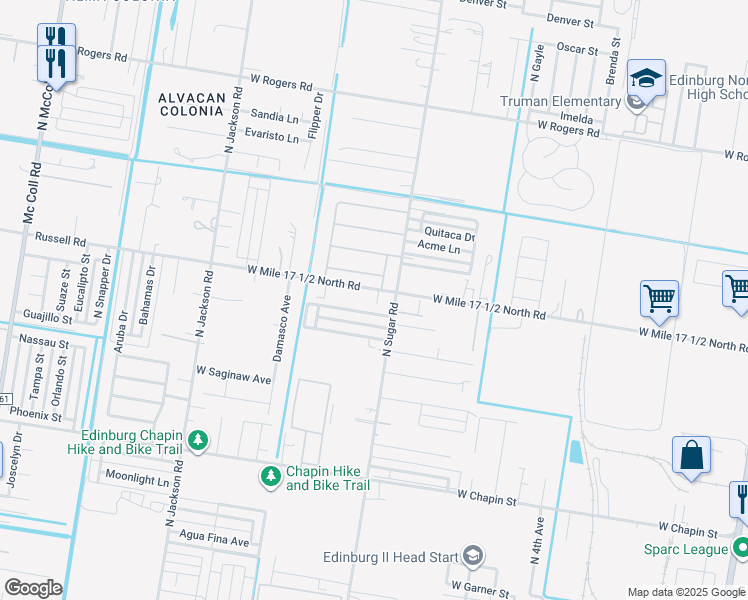 map of restaurants, bars, coffee shops, grocery stores, and more near 1622 West Mile 17 1/2 North Road in Edinburg