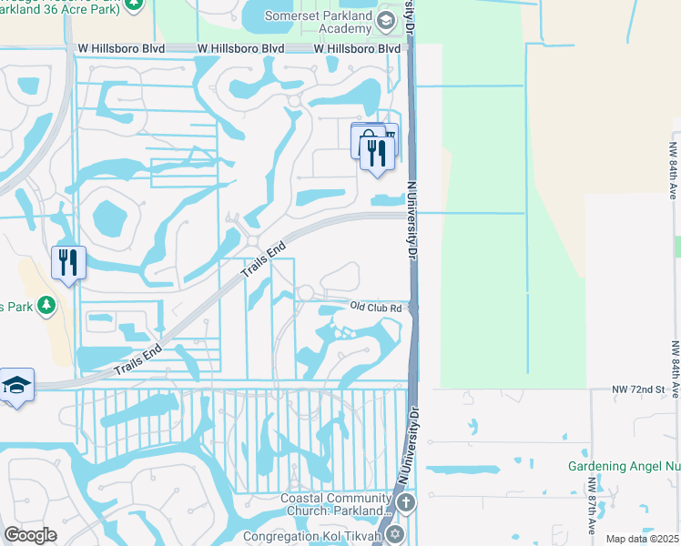 map of restaurants, bars, coffee shops, grocery stores, and more near 7681 Old Thyme Court in Parkland