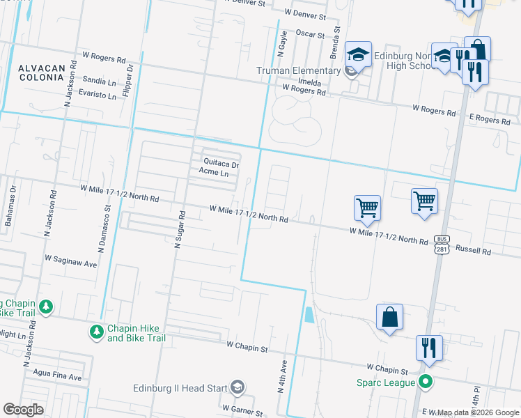 map of restaurants, bars, coffee shops, grocery stores, and more near 1127 West Mile 17 1/2 North Road in Edinburg