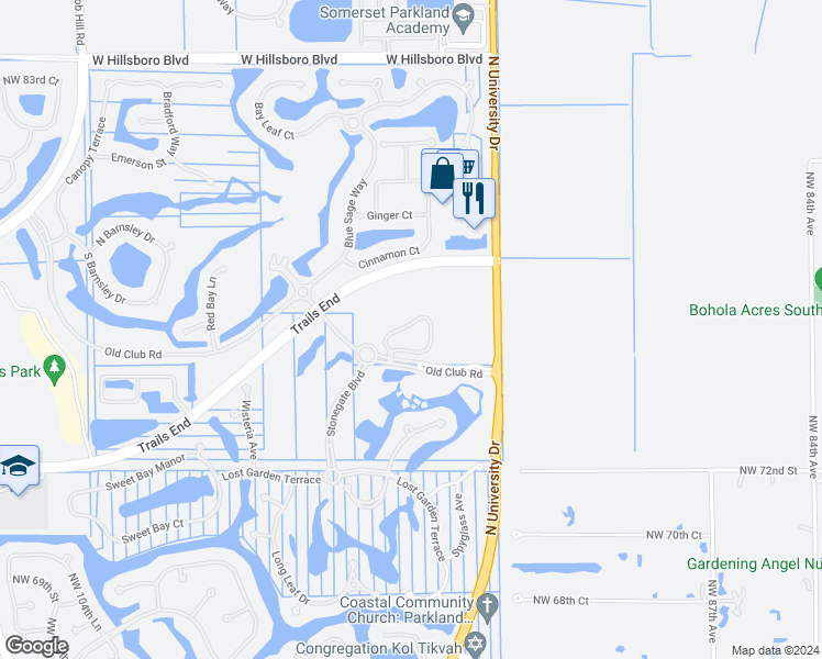 map of restaurants, bars, coffee shops, grocery stores, and more near 7632 Old Thyme Court in Parkland